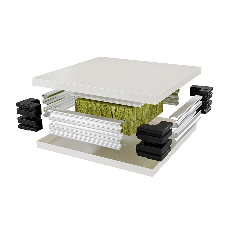 Structural exploded diagram: panel, core, aluminium profile and corner piece in assembly